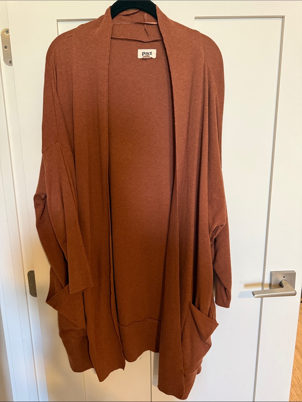Pact Women's Open-Front Cardigan in Rust Brown/orange